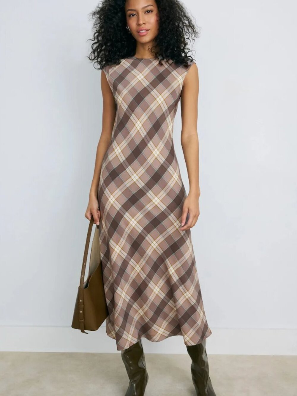 Argent Minimal Bias Maxi Dress in Brown & Cream Plaid Check Silk Slip Sheath M